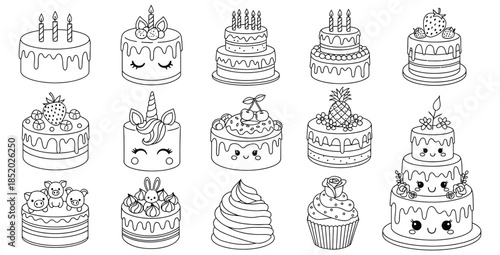 Collection of cute kawaii birthday cake and cupcake coloring page illustrations for kids