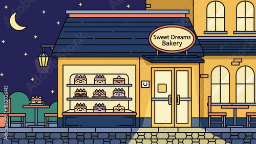 Sweet Dreams Bakery at Night with Moon and Stars.