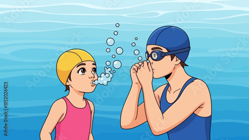 Swimming instructor teaching a young girl how to blow bubbles in the water as part of a swimming lesson.
