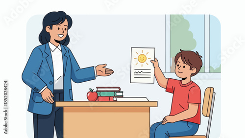 Teacher and student in classroom during lesson.