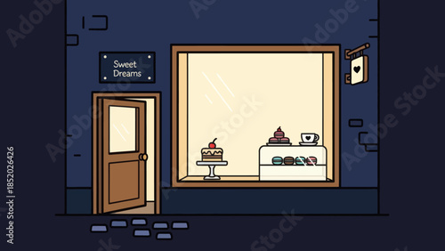 Sweet Dreams Bakery at Night with Open Door and Displayed Cakes.