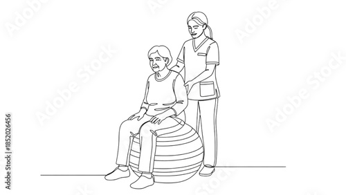 High-quality black continuous line art of therapist assisting senior with balance training using stability ball, physiotherapy, rehabilitation, elderly fitness, healthcare wellness illustration