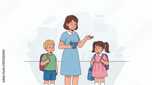 Teacher and students standing together ready for school education concept.