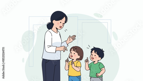Teacher interacting with two young children in a classroom setting.