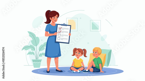 Teacher showing checklist to children in a classroom setting.