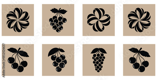 Collection of eight black silhouette icons featuring abstract floral designs and various clusters of cherries or grapes