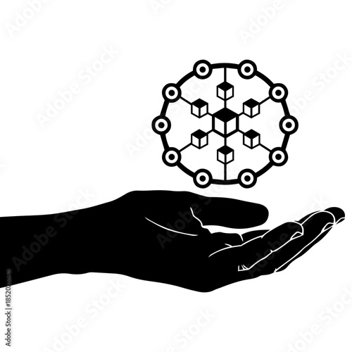 Minimalist black hand icon presenting blockchain cube and digital nodes
