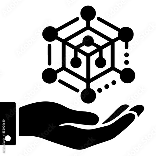 Human hand silhouette holding complex digital data flow network icon