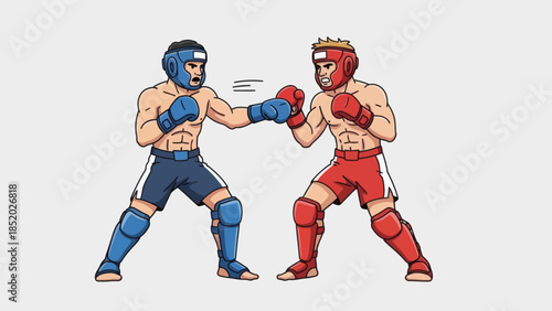 Two boxers in a ring one in blue and one in red engaged in a boxing match throwing punches.