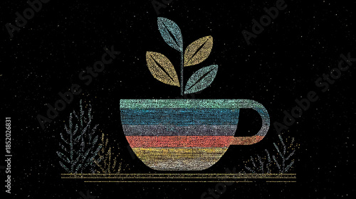 Textured Teacup Illustration with Growing Leaves on a Dark Background, Representing Natural Organic Beverages and Healthy Drinks