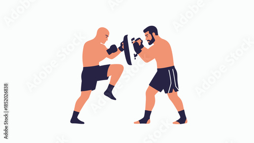 Two male athletes training in kickboxing practicing knee strikes and defense.