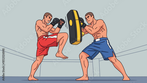 Two male athletes training kickboxing in a ring.