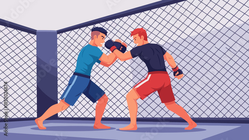 Two male MMA fighters engaged in a fierce combat inside an octagon cage.