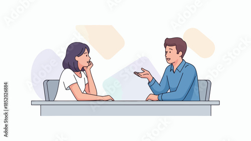 Two people engaged in a conversation at a table discussing ideas and sharing thoughts.