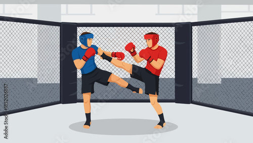 Two MMA fighters exchanging powerful kicks inside an octagon ring during a professional match.