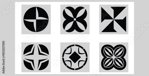 Collection of six black and white geometric and tribal inspired cultural design icons and symbols