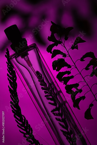 The glass perfume bottle stands gracefully amid the shadows of leaves and blooming flowers under the soft light. The scent personifies passion, love and attraction.