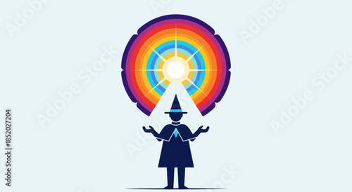 Wizard casting a spell with a vibrant rainbow and glowing light.