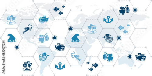 Fishing industry vector illustration. Blue concept with world map and icons related to fish, international & worldwide commercial ocean fishing, fishing boat, sustainable maritime fishery.