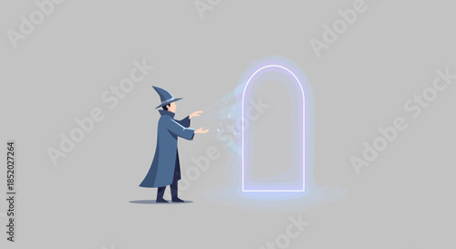 Wizard casting spell at glowing portal on a minimalist background.