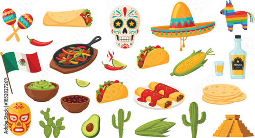 Mexican Food and Culture Vector Illustration Set: Traditional Icons including Taco