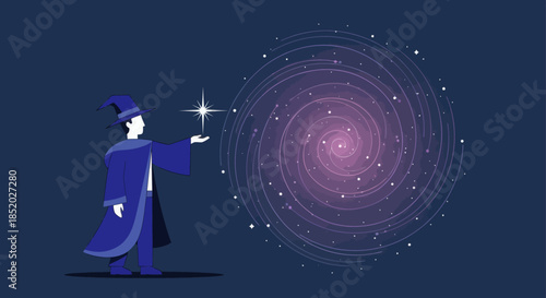 Wizard Casting Spell with Swirling Galaxy and Bright Star.