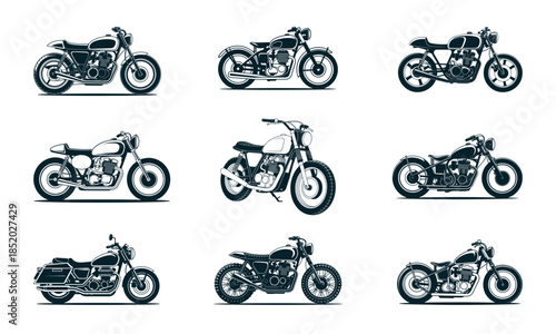 A collection of nine distinct motorcycle illustrations, showcasing various styles and designs.