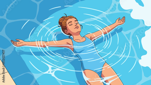 Woman Floating Serene in Blue Swimming Pool Water.