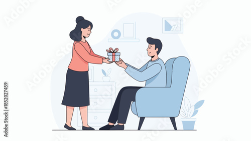 Woman giving a gift to a man sitting in an armchair celebrating a special occasion.