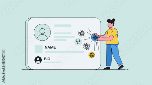 Woman Interacting with Digital Profile Card and Icons.