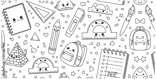 Adorable black and white seamless pattern featuring cute kawaii school supplies and geometric shapes for coloring pages