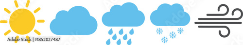Flat vector set of 5 weather symbols sun cloud rain snow and wind