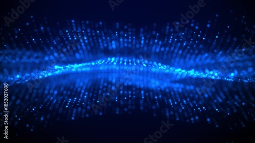 Glowing blue dots forming dynamic wave patterns in a dark space. Futuristic concept of data flow, sound waves, or digital visualization.