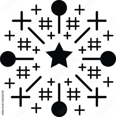 Black star symbol surrounded by plus signs and hash marks on white background