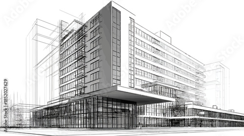 Architectural blueprint sketch of a modern urban building facade. Design drawing for commercial property development or city planning.