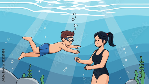 Woman teaching a boy to swim underwater in a clear blue ocean with sunlight rays.