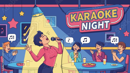 Woman Singing Karaoke with Friends at a Nightclub.