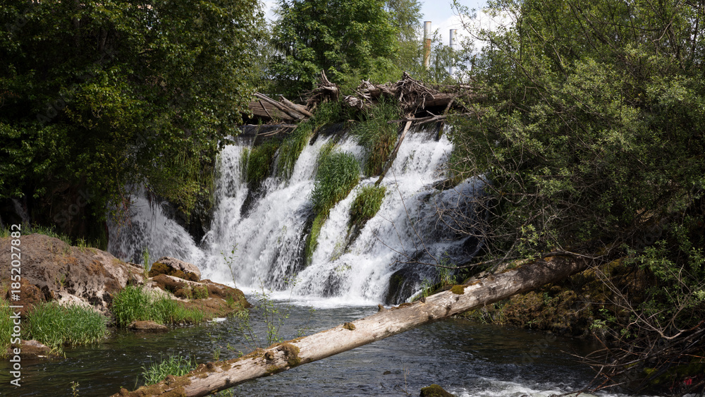 Fototapeta premium Layered Waterfall Cascades Over Mossy Rock in the Pacific Northwest