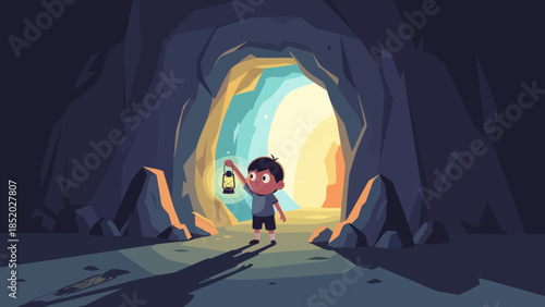 Young Boy Exploring a Dark Cave with a Lantern Adventure and Discovery.