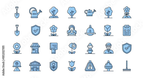 Set of gardening and nature icons shovels watering cans trees flowers