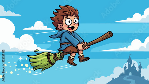 Young Boy Flying on a Magical Broomstick with a Castle in the Background.