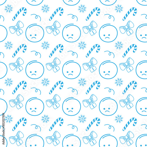 Sad smiley Faces, tied Ribbon Bow and Striped Candy Cane Seamless Pattern Blue Monday Mood Backdrop. Isolated Vector illustration Blue Monday or Motivation Cards Background Party invite, banner, flyer