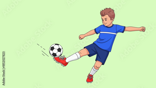 Young boy in blue uniform kicking a soccer ball with focus and determination.