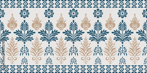 African boho paisley floral embroidery Ikat border pattern with ethnic Indian and Aztec influences. Seamless ethnic Ikat floral motifs featuring ornamental embroidery details, inspired by traditional