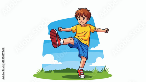 Young boy in yellow shirt and blue shorts kicking his leg up in a playful outdoor setting.
