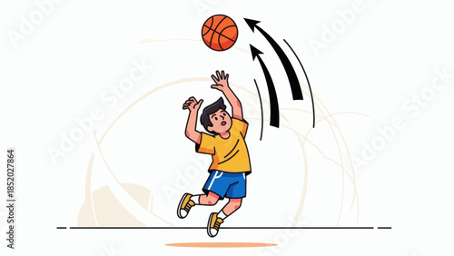 Young boy jumping to catch a basketball with upward arrows indicating motion.