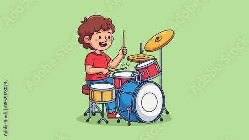Young Boy Playing Drums with Enthusiasm and Focus.