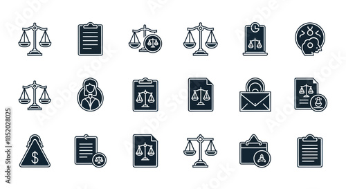 Set of legal icons scales of justice documents and related symbols