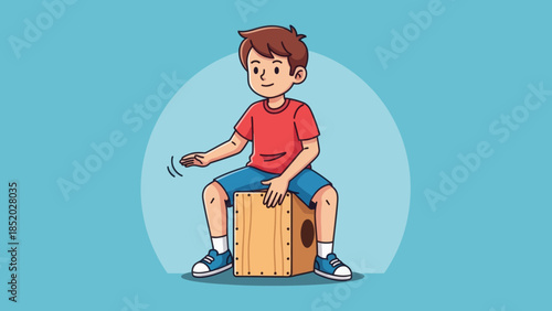 Young Boy Playing Cajon Drum with Enthusiasm.