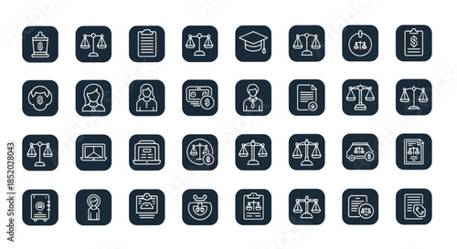 Set of legal and justice icons depicting law and court symbols